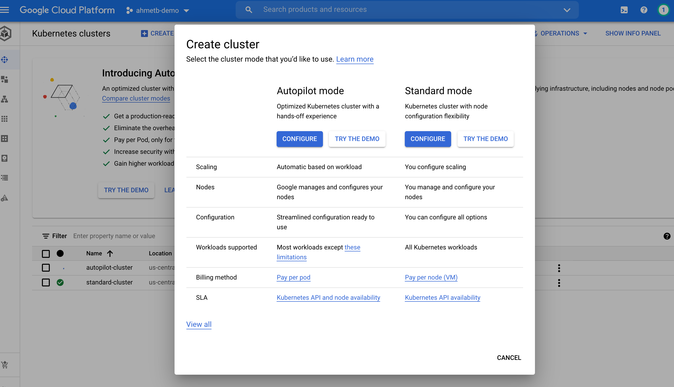 Cloud Console helps you choose a cluster type